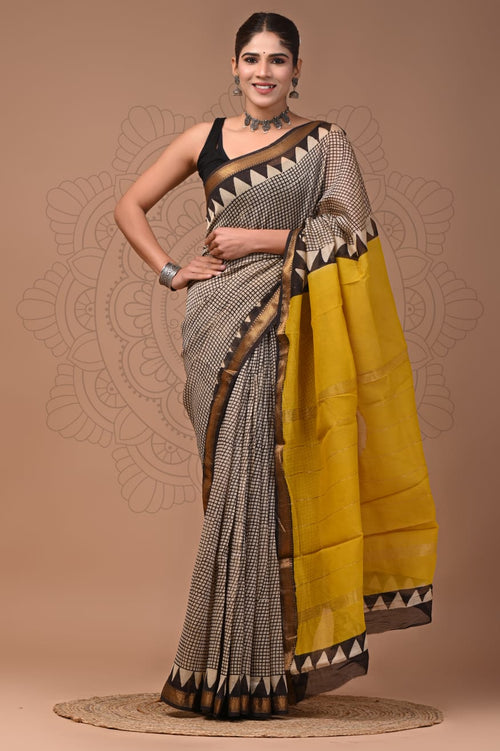 Geometric Grid Maheshwari Silk Saree with Temple Border