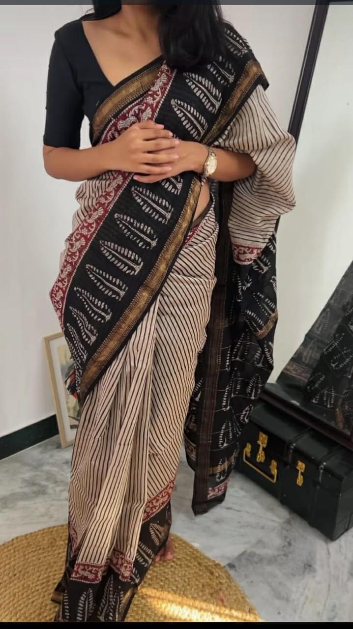 Striped Maheshwari Silk Saree with Hand-Block Border