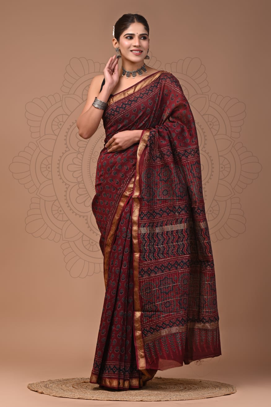 Maroon Maheshwari Silk Saree with Hand-Blocked Ajrakh Motifs