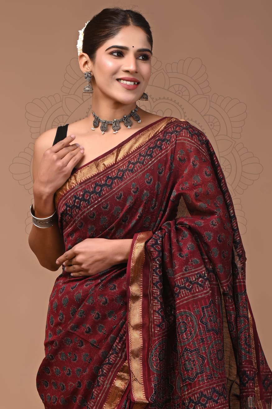 Maroon Maheshwari Silk Saree with Hand-Blocked Ajrakh Motifs