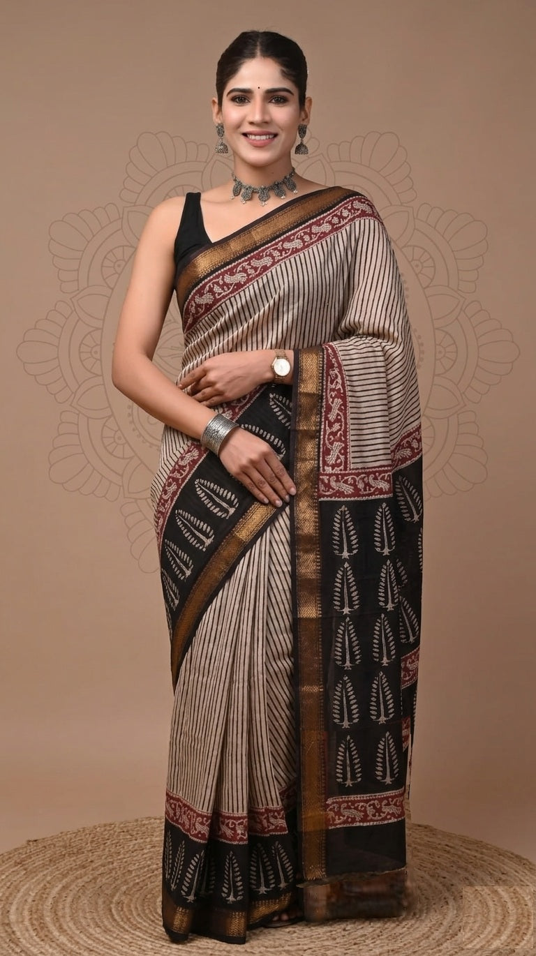 Striped Maheshwari Silk Saree with Hand-Block Border