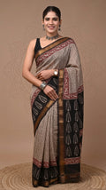 Striped Maheshwari Silk Saree with Hand-Block Border