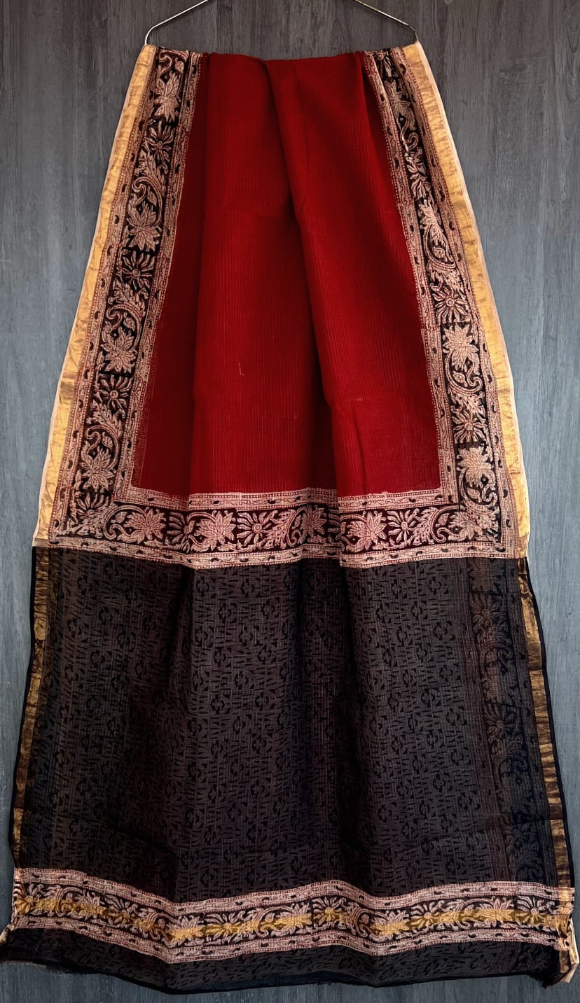 Crimson & Charcoal Kota Doria Block Print Saree (with blouse)