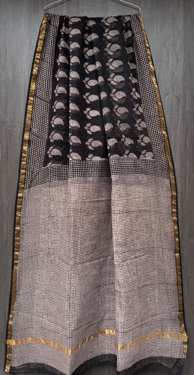 Black Block-Printed Kota Doriya Cotton Saree with Zari Border (with blouse)