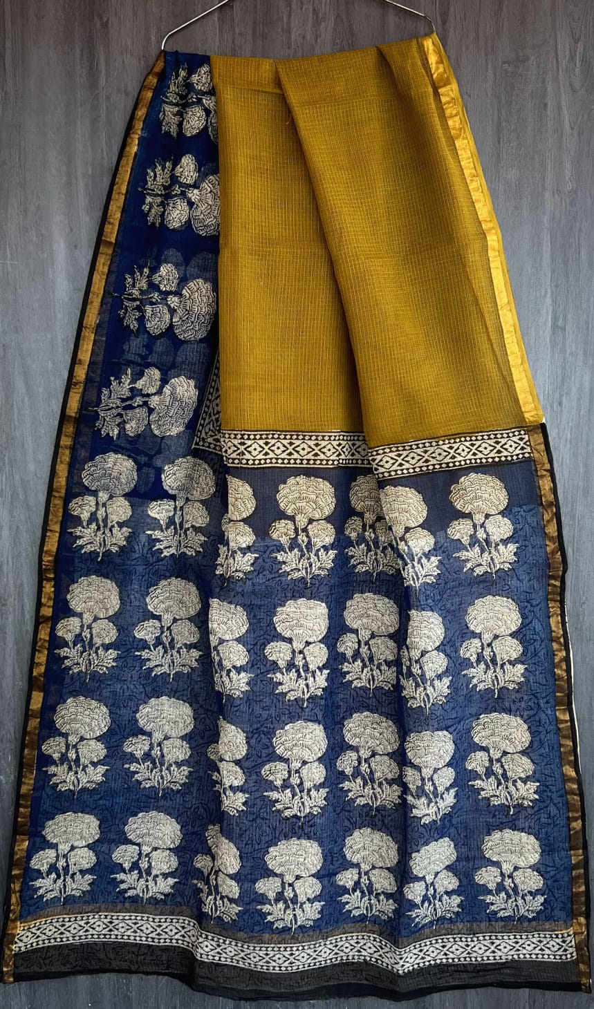 Mustard & Indigo Blue Block printed cotton Kota Doriya saree (with blouse)