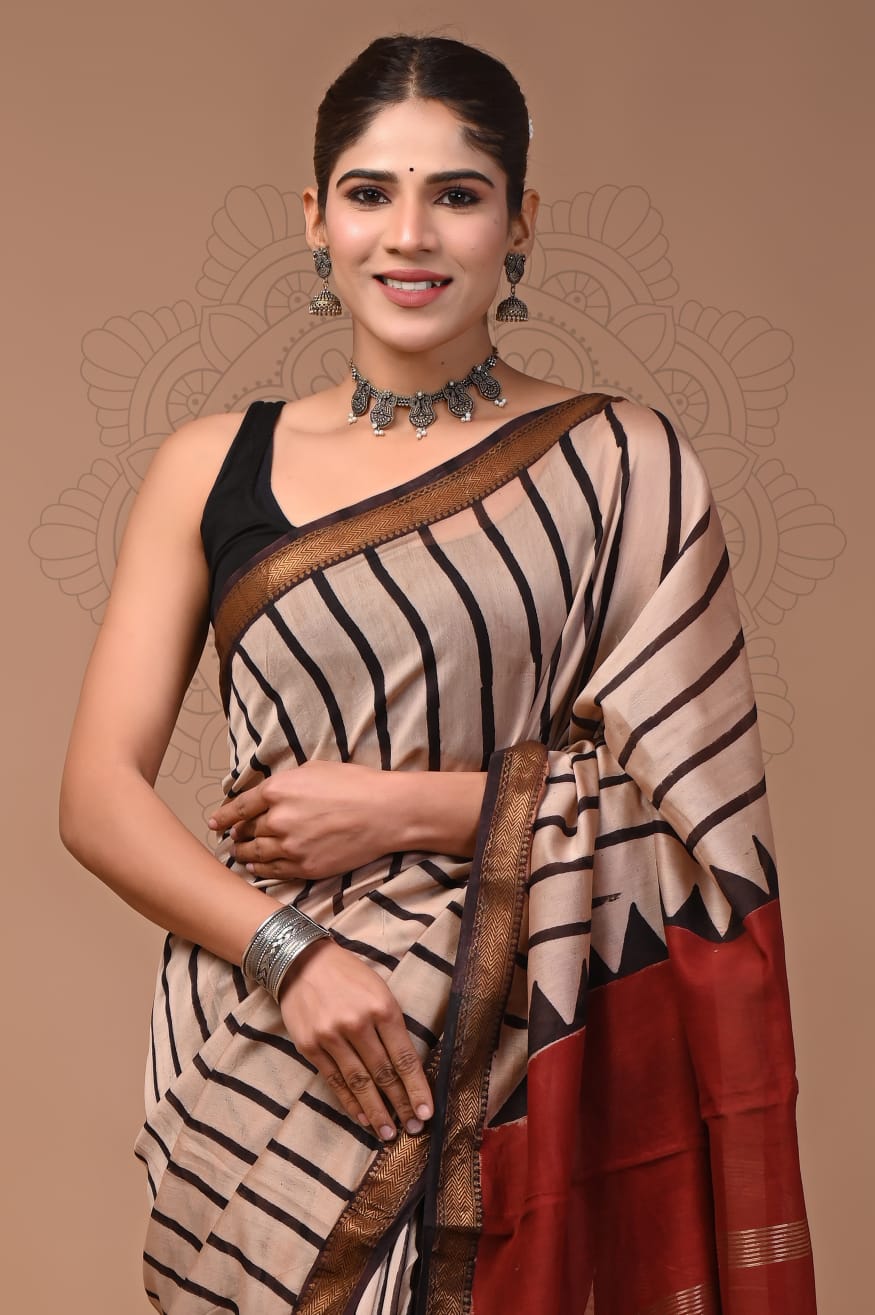 Sand-Toned Maheshwari Silk Saree with Crimson & Charcoal Accents