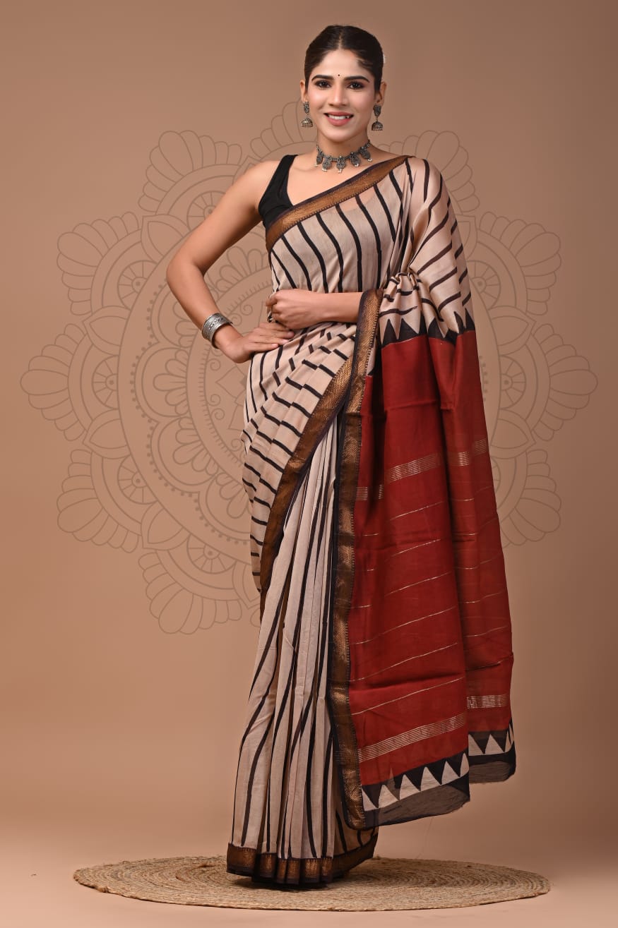 Sand-Toned Maheshwari Silk Saree with Crimson & Charcoal Accents