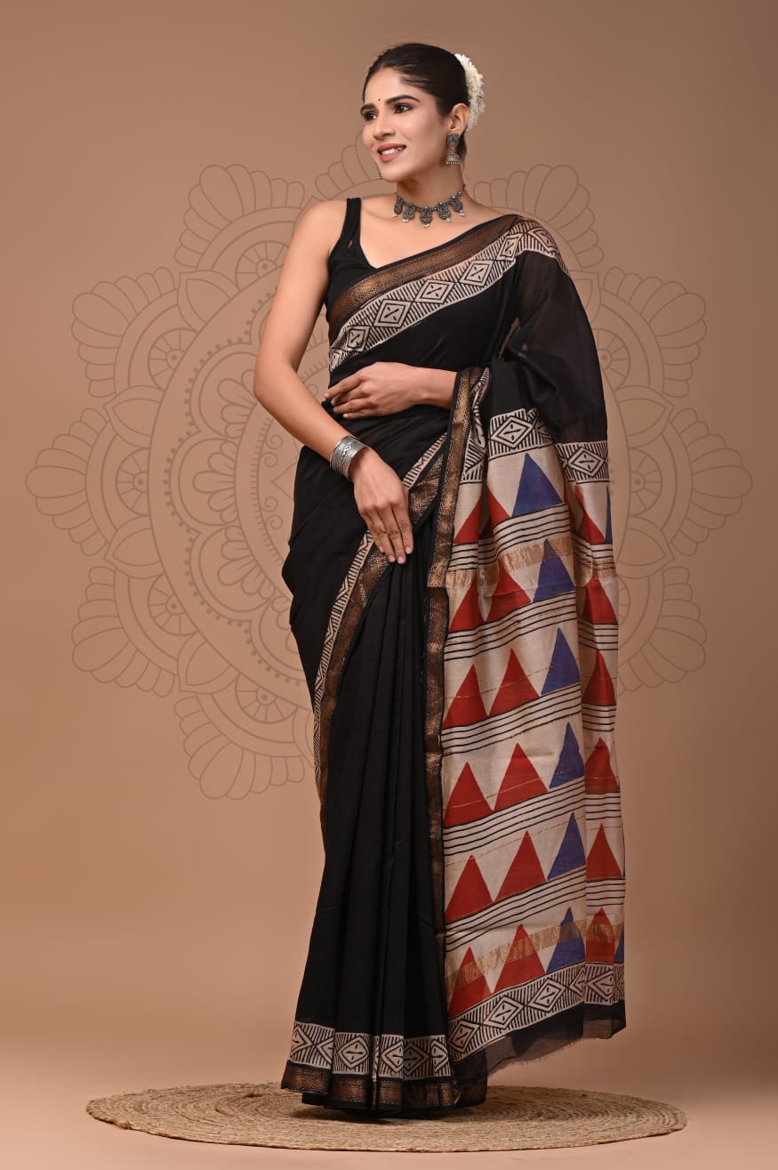 Handblocked Maheshwari Silk Saree in Raven Black & Geometric Triangles