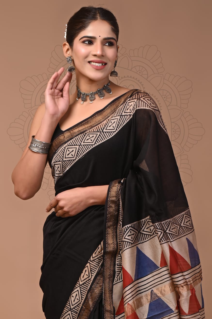 Handblocked Maheshwari Silk Saree in Raven Black & Geometric Triangles